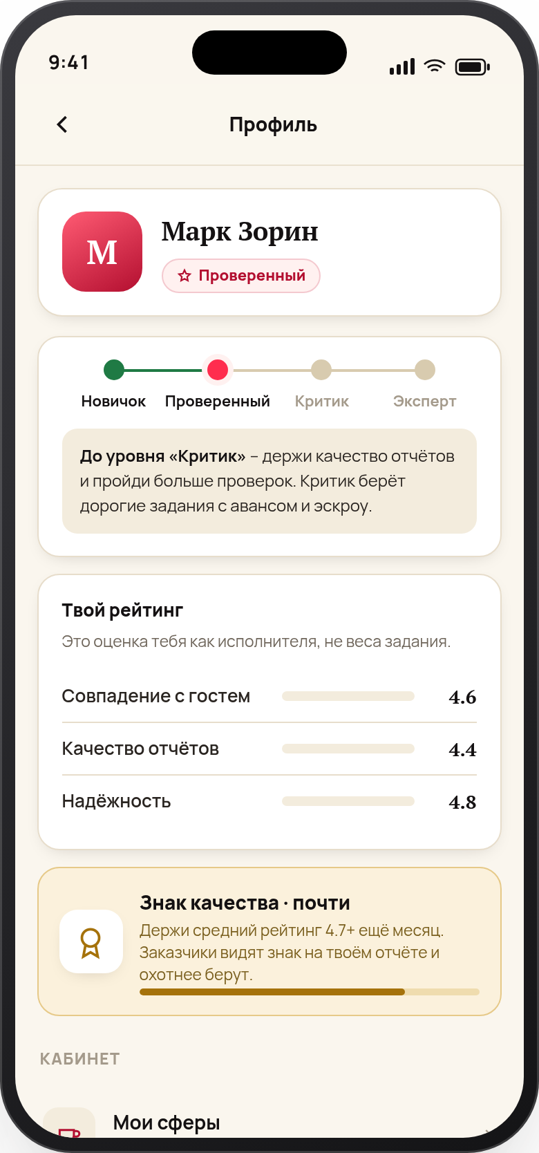 Профиль и уровни исполнителя